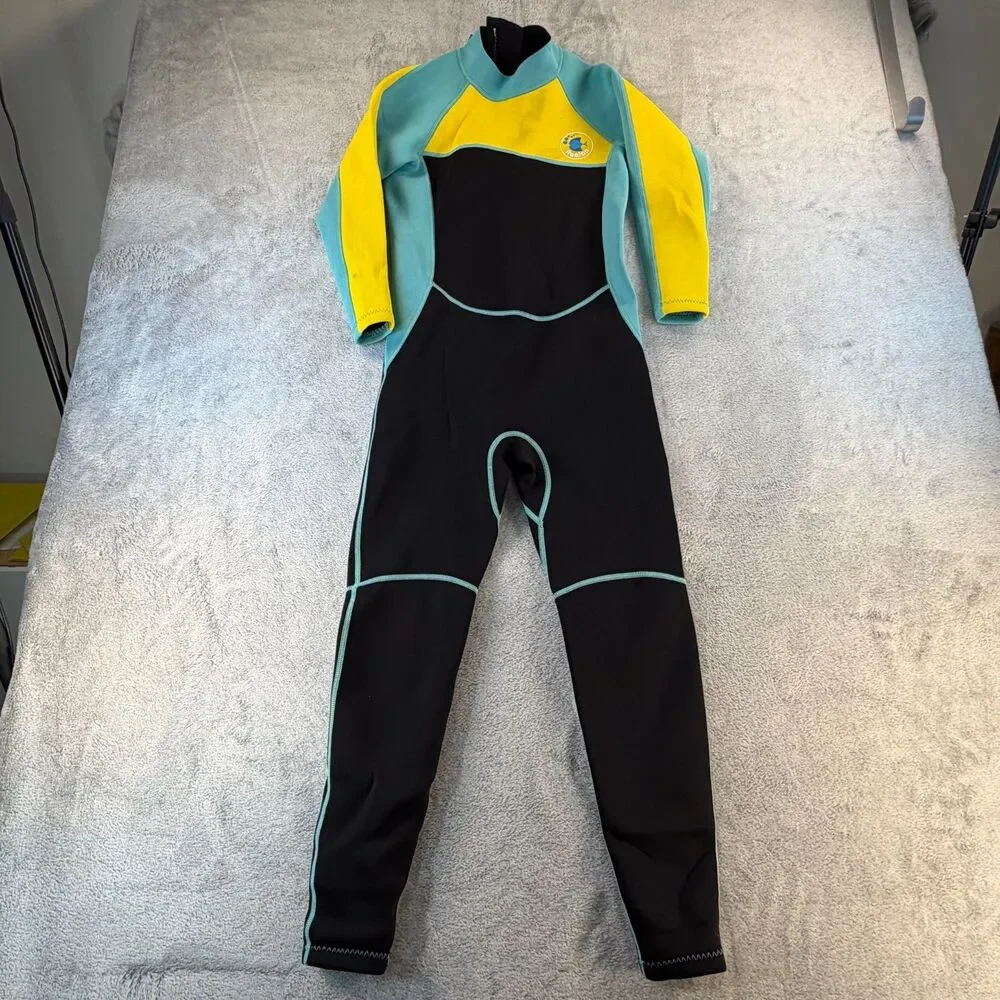 Realon Kids Full Wetsuit Size 14 Yellow Blue Black Neoprene Surf Swim Diving
